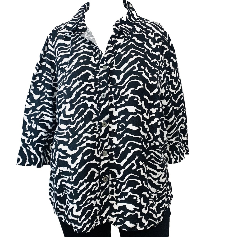 East 5th Button Up Linen Rayon Blouse Black Zebra Print Woman 3X Travel Casual